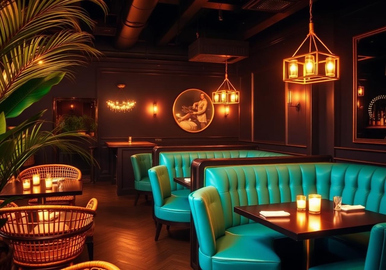 Turquoise velvet booths in dim tropical lounge